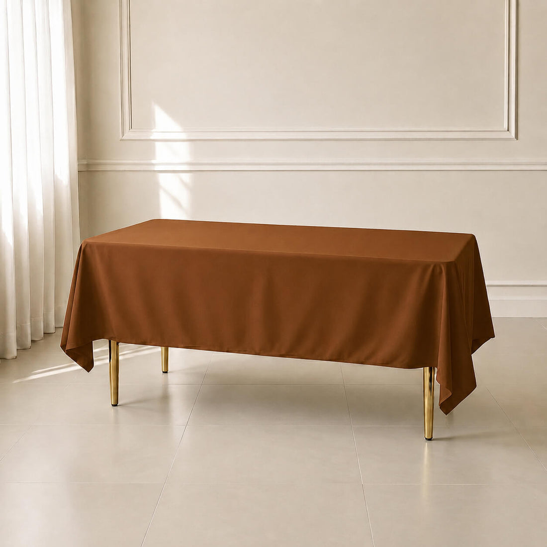 Cinnamon brown wrinkle-resistant tablecloth on a dining table.
