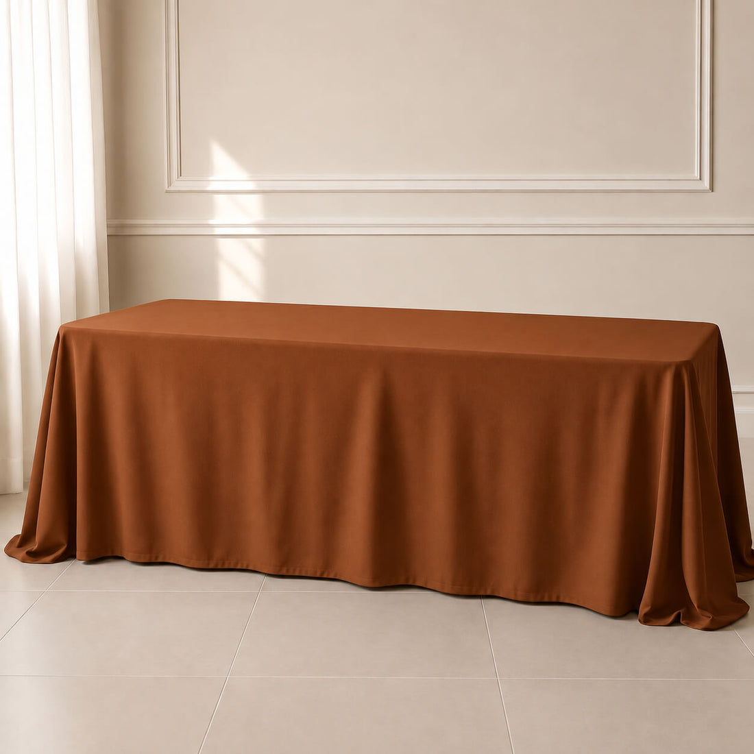Cinnamon brown polyester rectangle tablecloth 90"x156" with seamless finish.