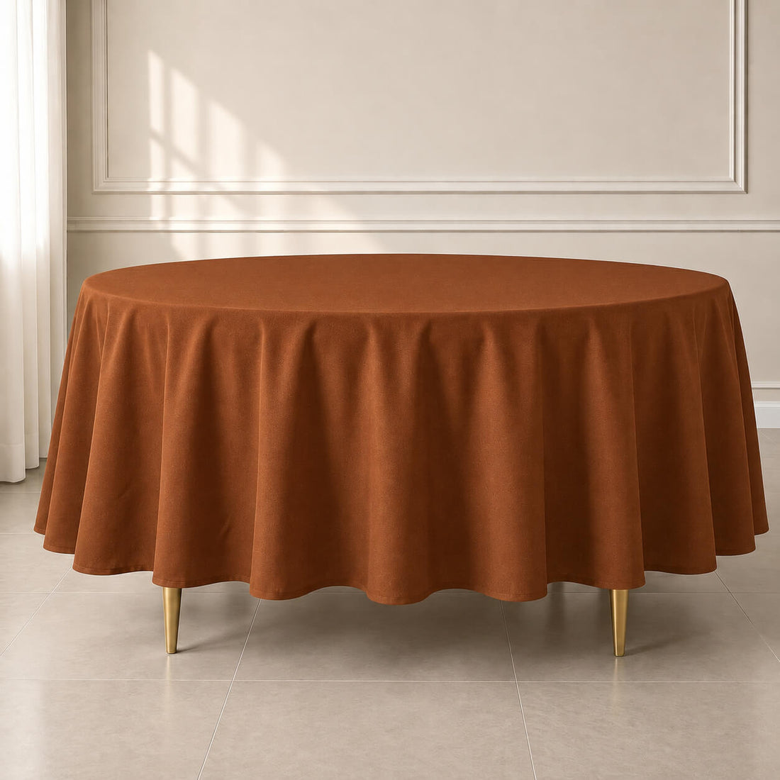 Cinnamon brown round tablecloth, durable and stain-resistant for easy maintenance.