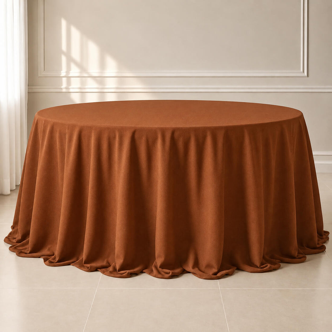 Cinnamon brown seamless round tablecloth for elegant dining setups.