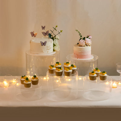 Set of 5 Acrylic Cake Stands 8.5", 9", 10", 11", 12" Round Cylinder Design Clear - Display Risers for Weddings