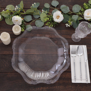 6 Pack | 13" Clear Baroque Scalloped Acrylic Plastic Charger Plates, Hexagon Charger Plates