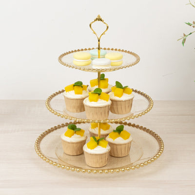 Clear Gold Glittered 3-Tier Round Plastic Cupcake Tower Stand with Gold Beaded Rim, Dessert Display Tea Party Serving Platter With Top Handle - 14"