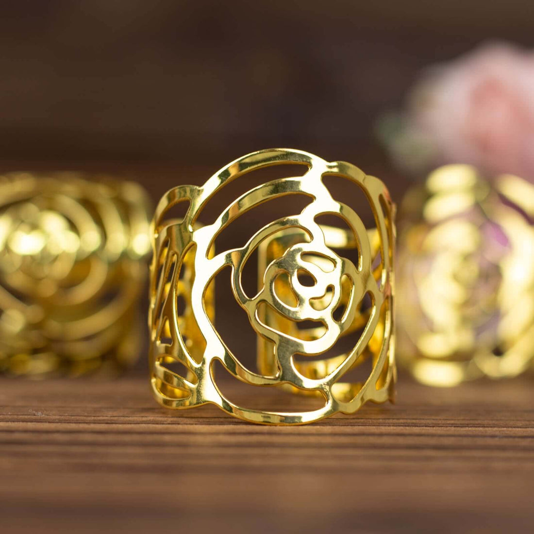 4-Pack Gold Laser Cut Rose Napkin Rings | eFavormart