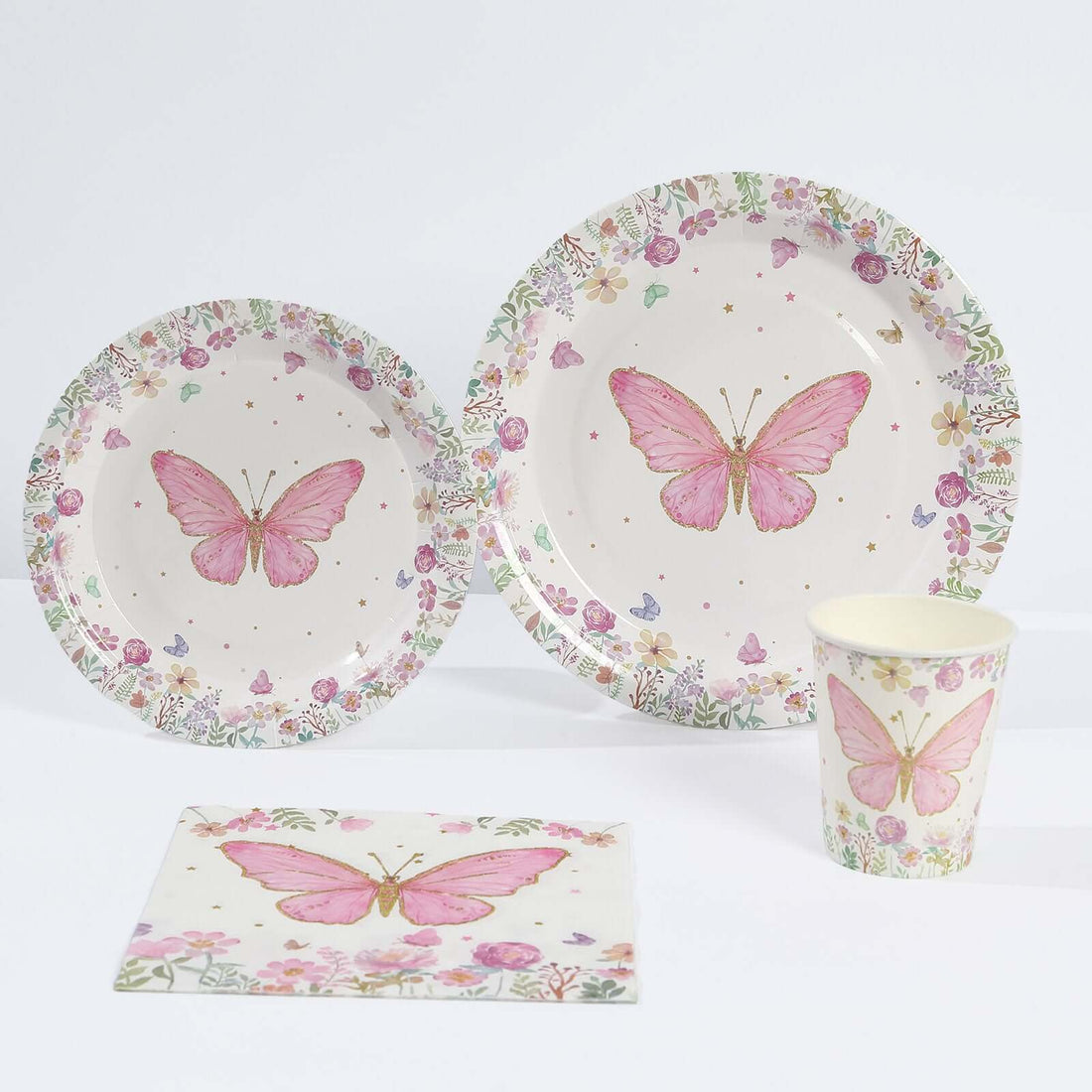 Paper Dinnerware Set White/Pink with Butterfly Print | eFavormart