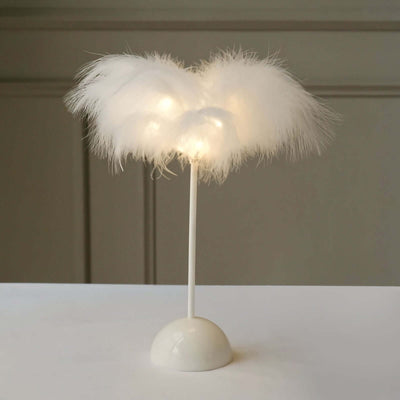 Cordless Table Lamp 15" LED Feather Design White - Battery Operated Wedding Desk Light