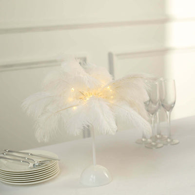Cordless Table Lamp 15" LED Ostrich Feather Design White - Battery Operated Wedding Desk Light