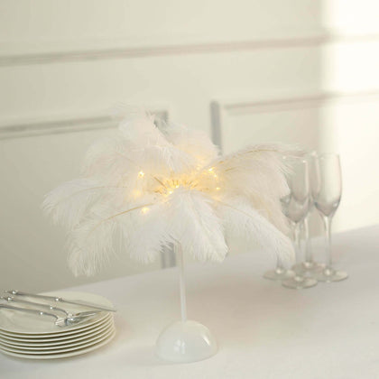 Cordless Table Lamp 15" LED Ostrich Feather Design White - Battery Operated Wedding Desk Light