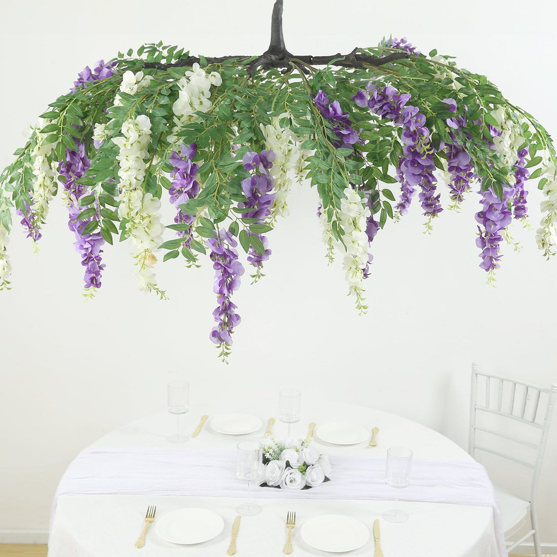 Cream Purple Artificial Silk Wisteria Vine Round Hanging Canopy, Draping  Garland Flower Chandelier With Interchangeable Branches 55