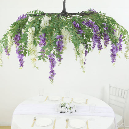 Cream Purple Artificial Silk Wisteria Vine Round Hanging Canopy, Draping Garland Flower Chandelier With Interchangeable Branches 55"