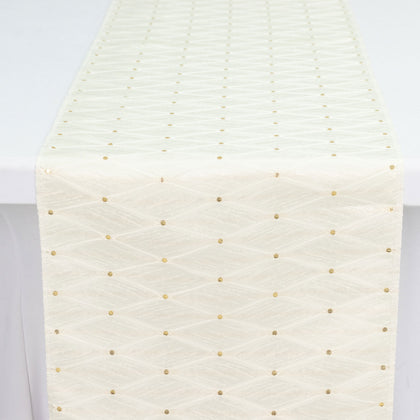 Ivory Jacquard Table Runner 12"x108" - Diamond Trellis with Gold Accent Dots