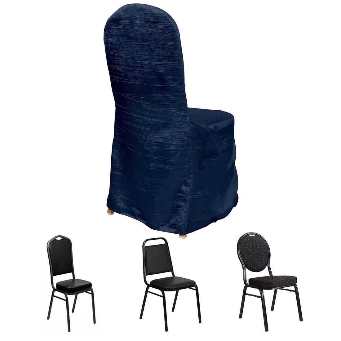 Navy blue chair cover with three chair styles below