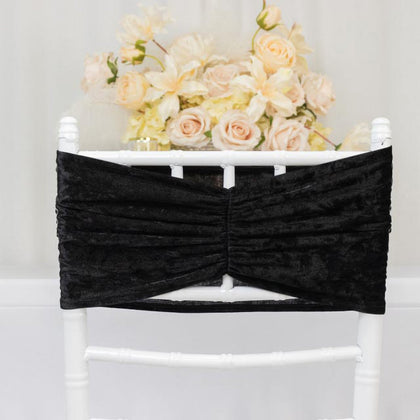 5 Pack Crushed Velvet Chair Sashes Black, Wide Ruffle Style Textured Decorative Chair Bands - 8"x15"