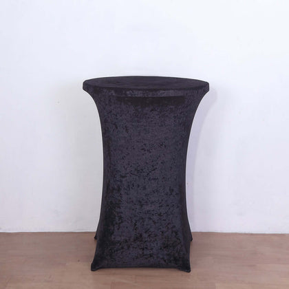 Crushed Velvet Spandex Round Cocktail Table Cover 30" Black - Smooth Fitted Highboy Tablecloth for Receptions & Functions