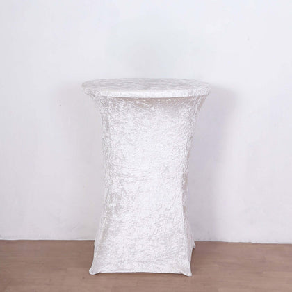 Crushed Velvet Spandex Round Cocktail Table Cover 30" White - Smooth Fitted Highboy Tablecloth for Receptions & Functions