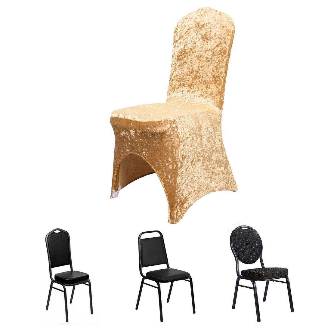 Gold velvet chair cover with black chairs on a white background