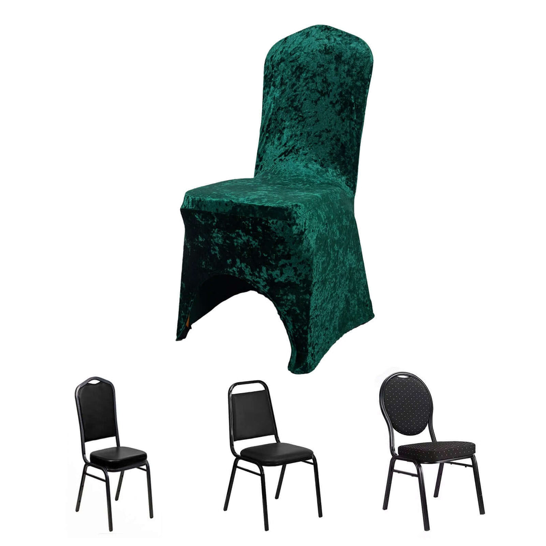 Green velvet chair cover with three black chairs