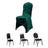 Green velvet chair cover with three black chairs