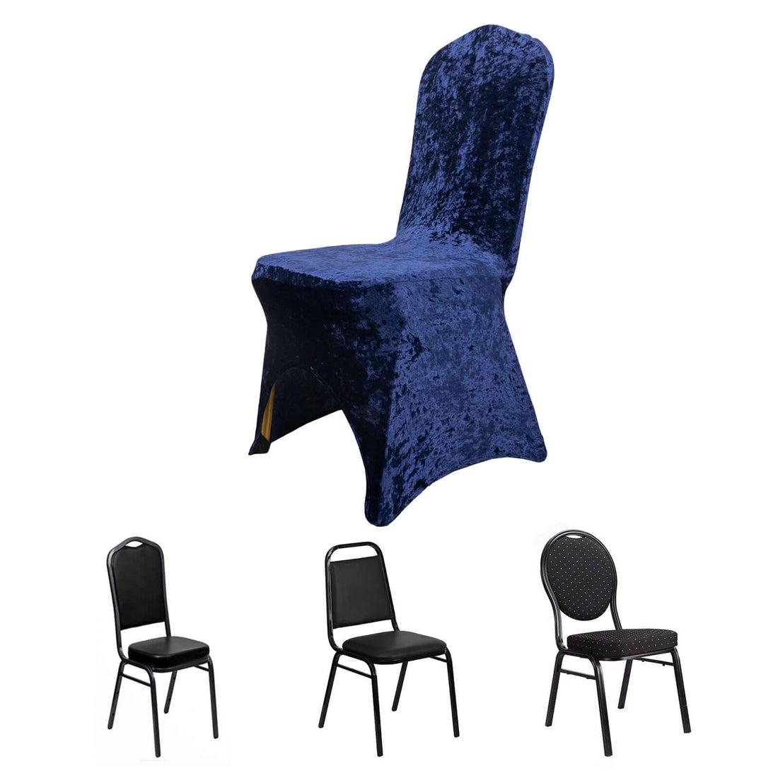 Elegant navy blue chair cover with three black chairs below.