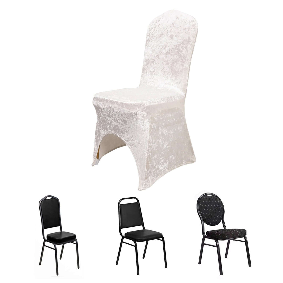 Four types of dining chairs including a white stretch cover chair.