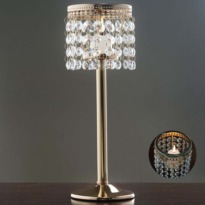 Crystal Beaded Chandelier Candle Holder 12" Gold - Stunning Metal Tealight Stand for Pillar Candles