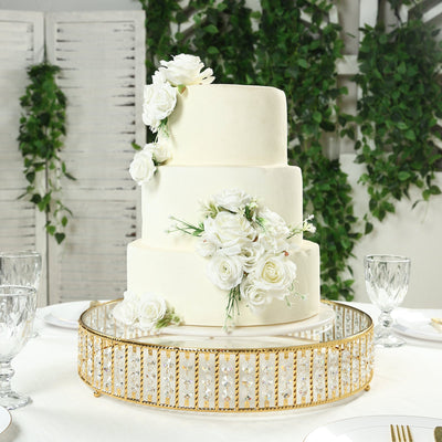 Crystal Cake Stand with Hanging Beads and Glass Top – 18" Round Gold Metal Dessert Display Tray