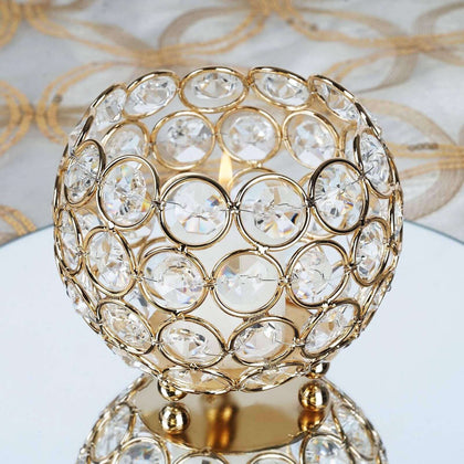 Crystal Beaded Metal Votive Tealight Candle Holder 4" Round Gold - Multipurpose Table Vase for Stylish Decor