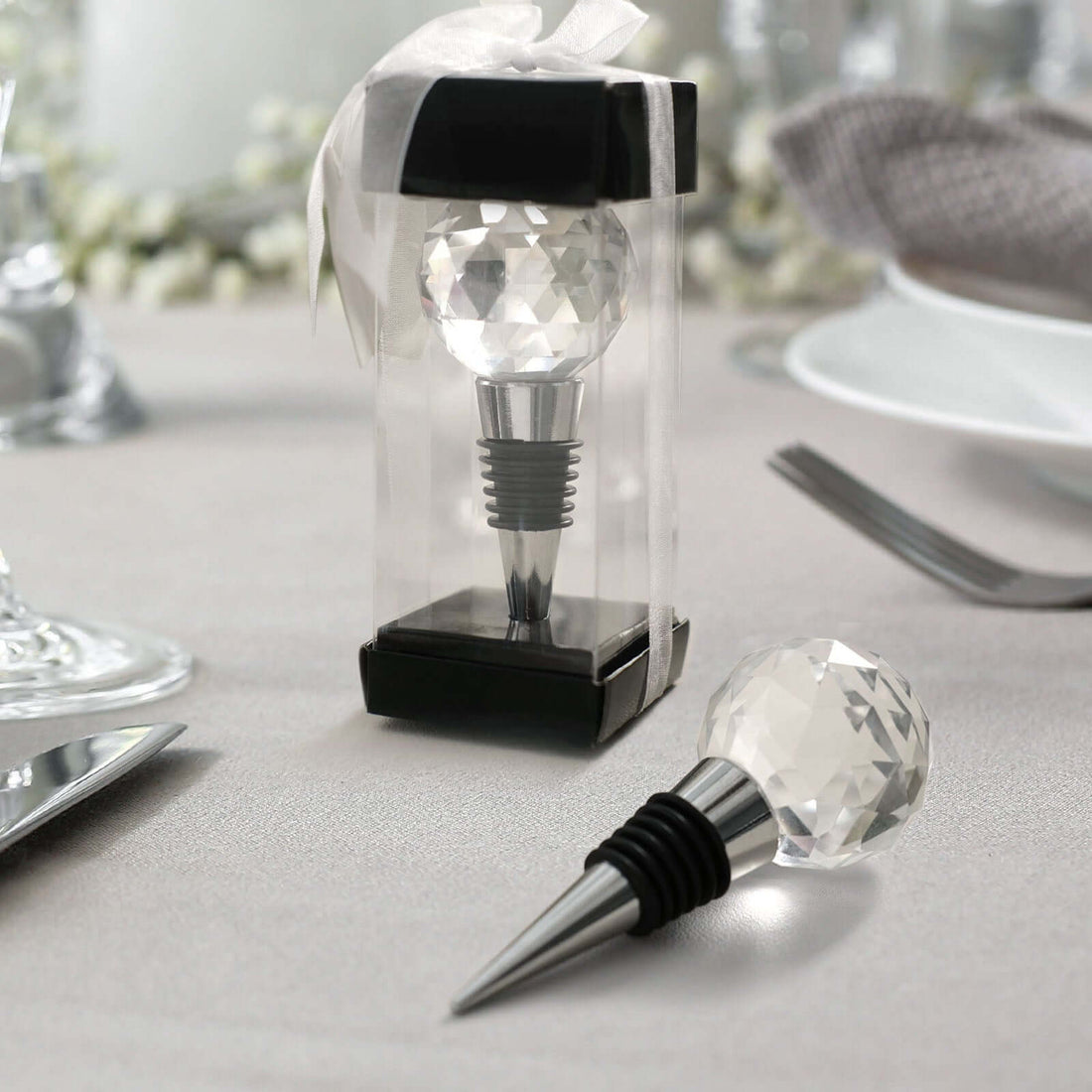 glass wine bottle stoppers Crystal Glass Ball Metal Wine Bottle Stopper Plug Party Favor Gift Box - Clear Box, Thank You Card, A