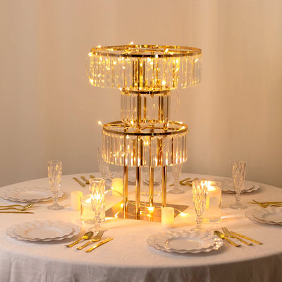 Crystal Pendant 3-Tier Table Centerpiece Chandelier in Gold, 27" Flower Stand Metal Vase Round Pedestal with Hanging Crystals