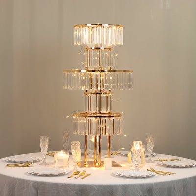 Crystal Pendant 5-Tier Table Centerpiece Chandelier in Gold, 40" Flower Stand Metal Vase Round Pedestal with Hanging Crystals