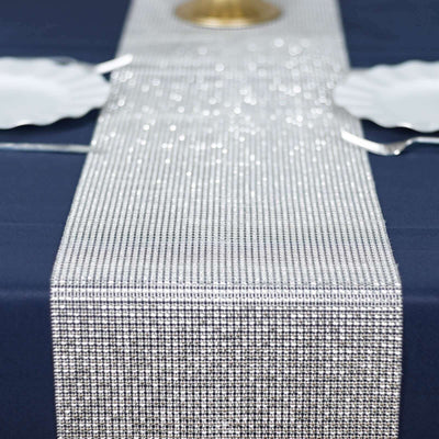 Crystal Rhinestone Table Runner 10"x108" Silver - Shiny Diamond Mesh Bling Table Decor