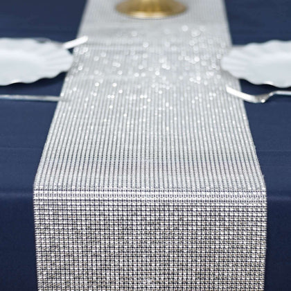 Crystal Rhinestone Table Runner 10"x108" Silver - Shiny Diamond Mesh Bling Table Decor