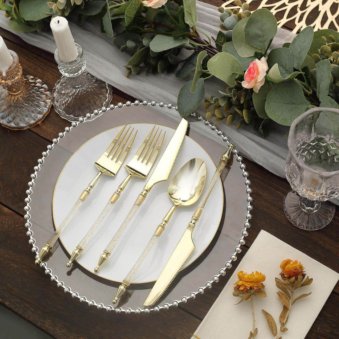 Plastic Utensil Set Gold/Clear with Roman Column Handle | eFavormart