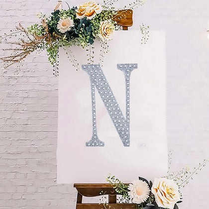 Decorative Rhinestone Alphabet "N" Letter Stickers 8", Silver Glitter Adhesive Craft Letters - DIY Sparkle Embellishments
