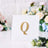 Gold glitter letter Q on a white card with floral background.