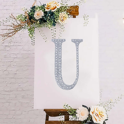 Decorative Rhinestone Alphabet "U" Letter Stickers 8", Silver Glitter Adhesive Craft Letters - DIY Sparkle Embellishments