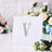 Glittering silver letter "V" on a plain white backdrop