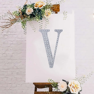 Decorative Rhinestone Alphabet "V" Letter Stickers 8", Silver Glitter Adhesive Craft Letters - DIY Sparkle Embellishments
