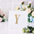 Gold letter Y decoration on a white background with floral accents.