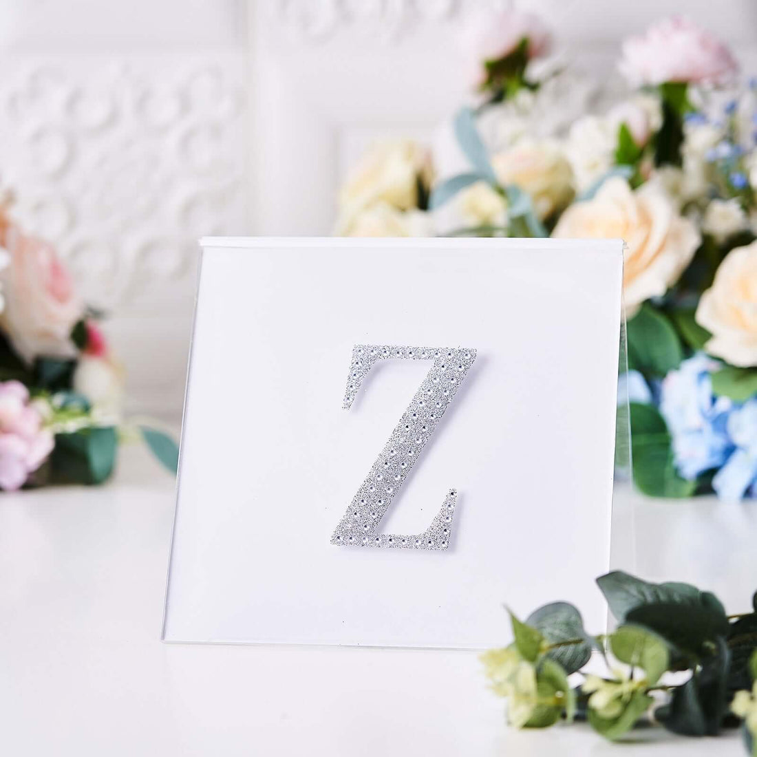 Silver rhinestone letter 'Z' on a clear background with floral accents.