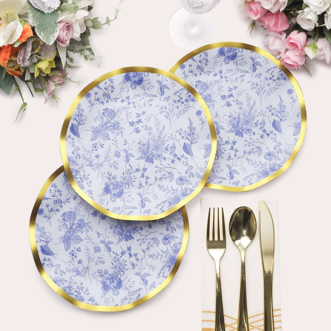 French Toile Dessert Plates White/Blue Gold Rim 8