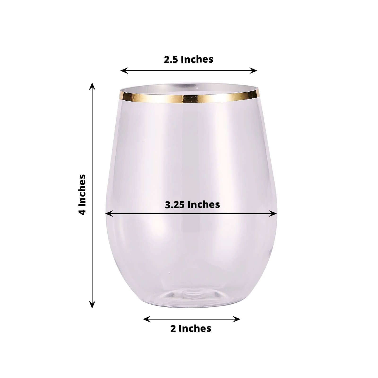 12-Pack Transparent Plastic Stemless Wine Glasses 12Oz, Clear With Gold Rim