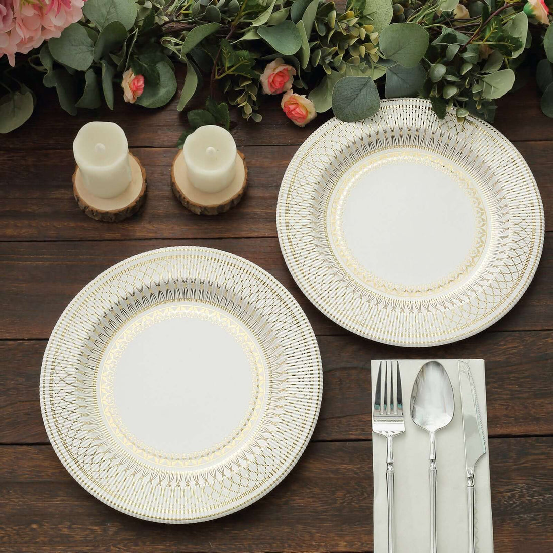 25pk 10in Paper Dinner Plates 300GSM Gold/White | eFavormart