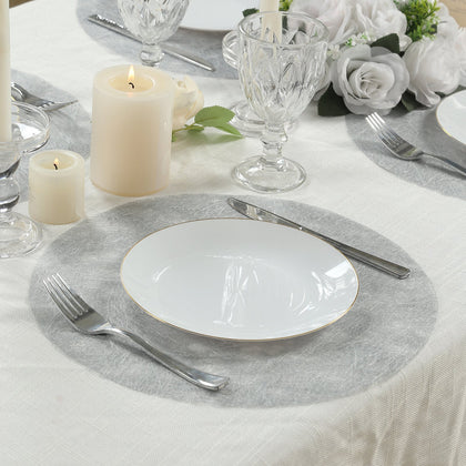 50 Pack Non-Woven Mesh Fiber Round Placemats, 13" Metallic Silver Disposable Table Mats for Dining & Events
