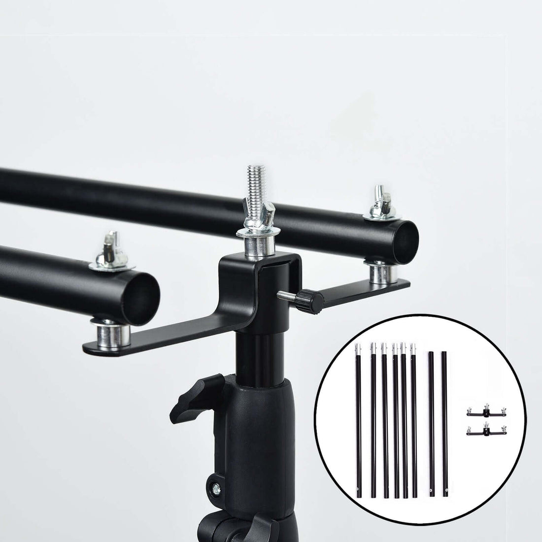 Black adjustable tripod with detachable rods and hardware
