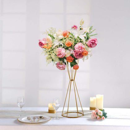 Dual Cone Gold Metal Flower Stand 27" Reversible Geometric Pedestal - Wedding Centerpiece