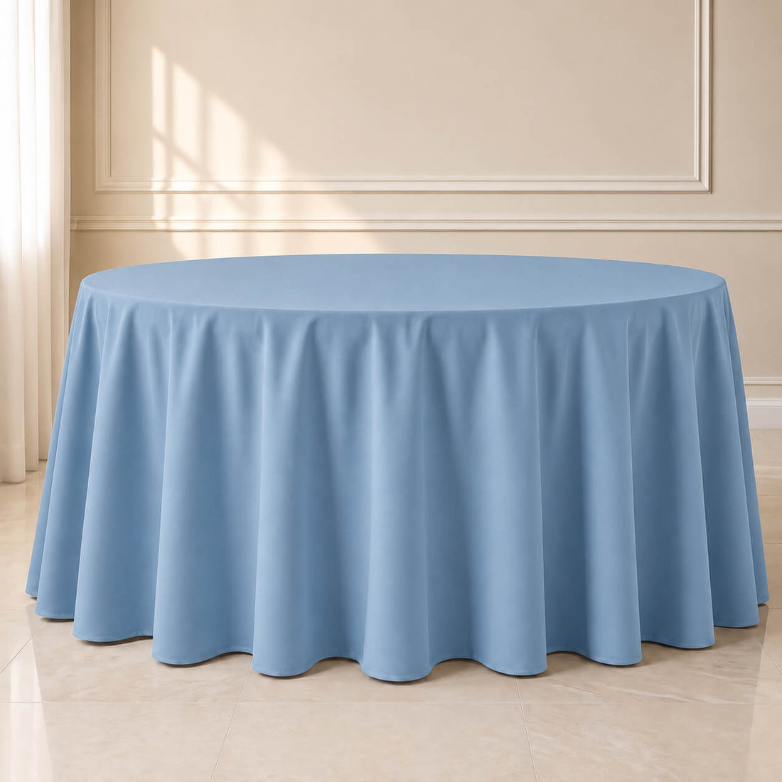 dusty blue polyester round tablecloth in an elegant setting