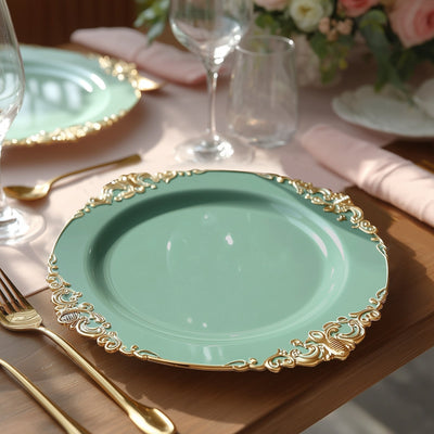 20-Pack Economy Plastic Charger Plates 13" Round Dusty Sage Green with Gold Embossed Baroque Rim - Stylish Dinner Party Serving Plates