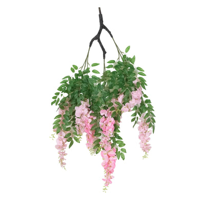 Hanging artificial pink wisteria plant with green leaves #whtbkgd