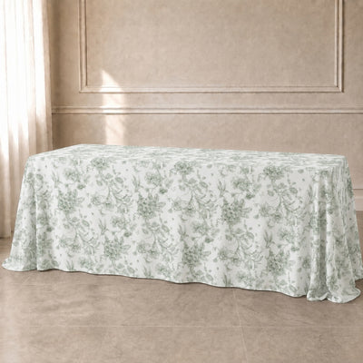 Polyester Rectangular Tablecloth 90"x156" White with Dusty Sage Green French Toile Pattern - Sophisticated Seamless Table Cover